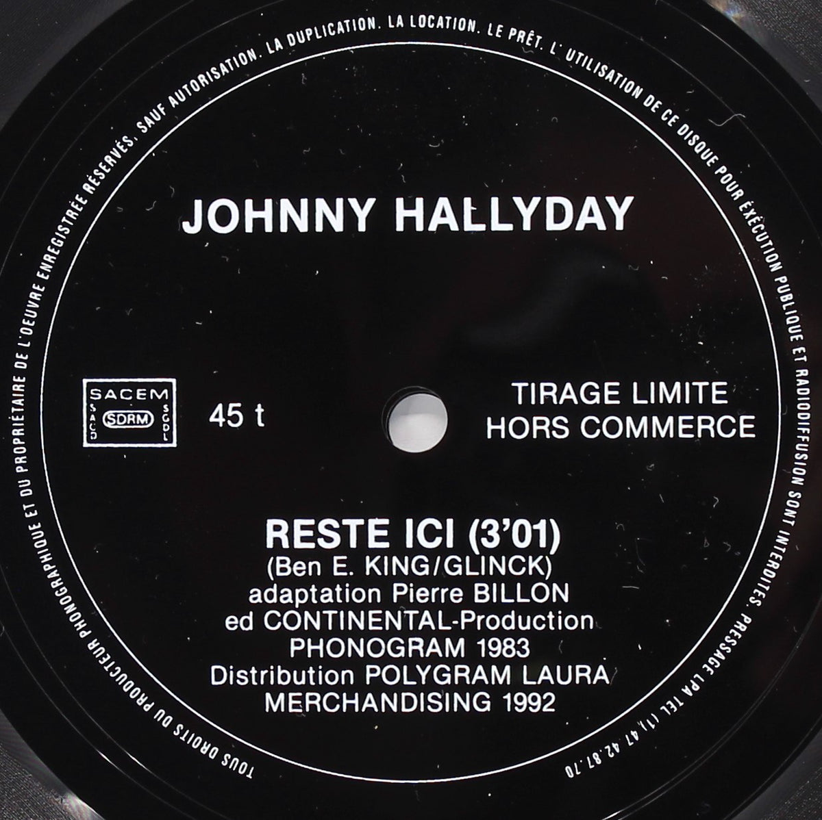 Johnny Hallyday ‎– Reste Ici, Flexi-disc, 7&quot;, 45 RPM, Single Sided, Limited Edition, Promo, France 1992