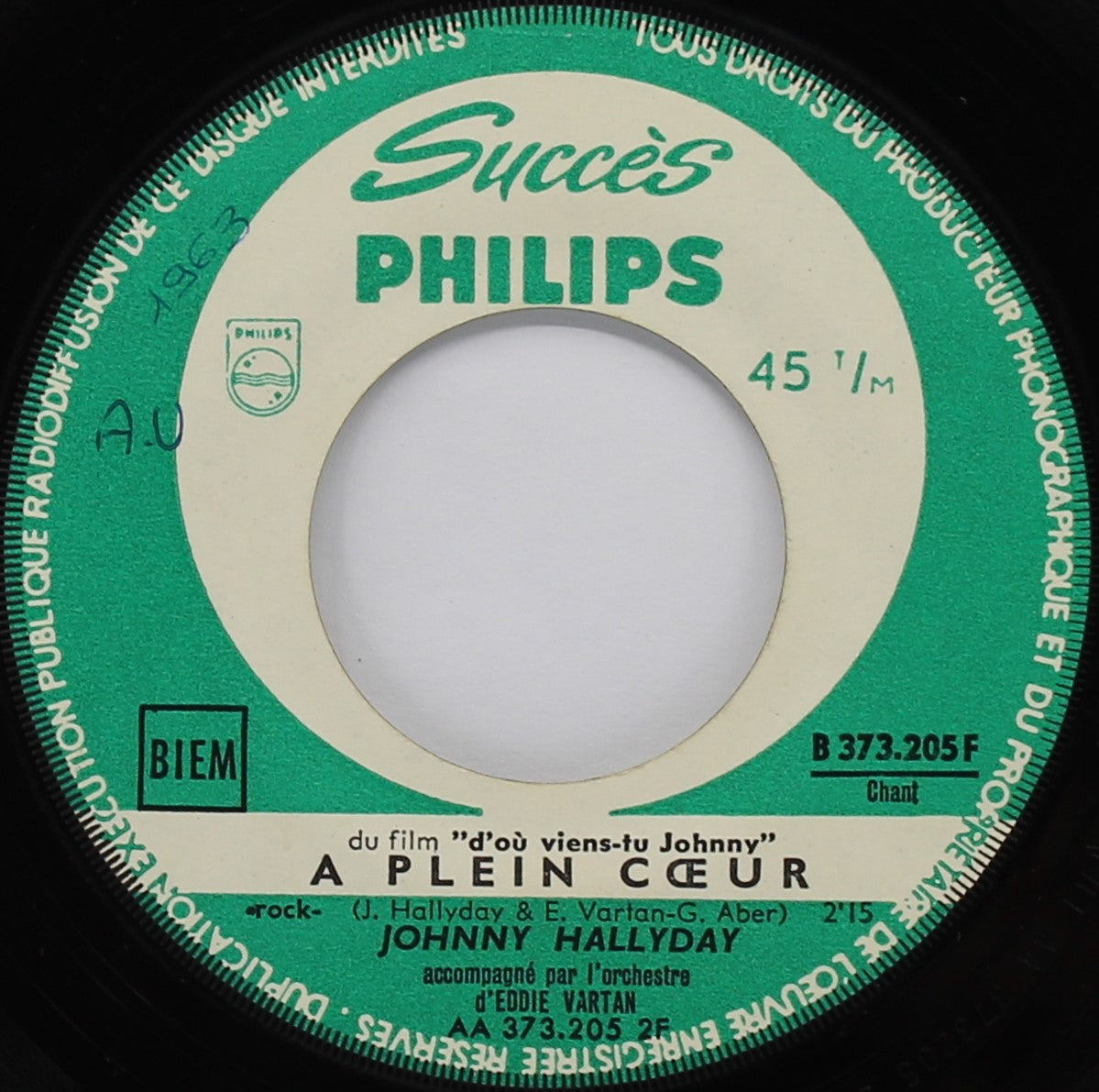 Johnny Hallyday – Ma Guitare / À Plein Cœur, Vinyl, 7&quot;, 45 RPM, Single, Jukebox, France 1963