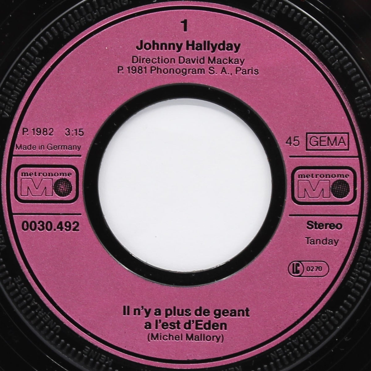 Johnny Hallyday – Il N&#39;Y A Plus De Géant À L&#39;Est D&#39;Eden, Vinyl, 7&quot;, 45 RPM, Single, Germany 1982