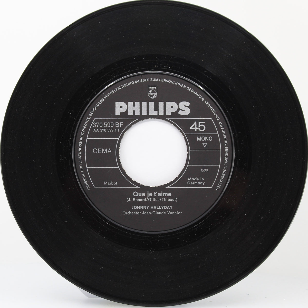 Johnny Hallyday – Que Je T&#39;Aime, Vinyl, 7&quot;, 45 RPM, Single, Mono, Germany 1969