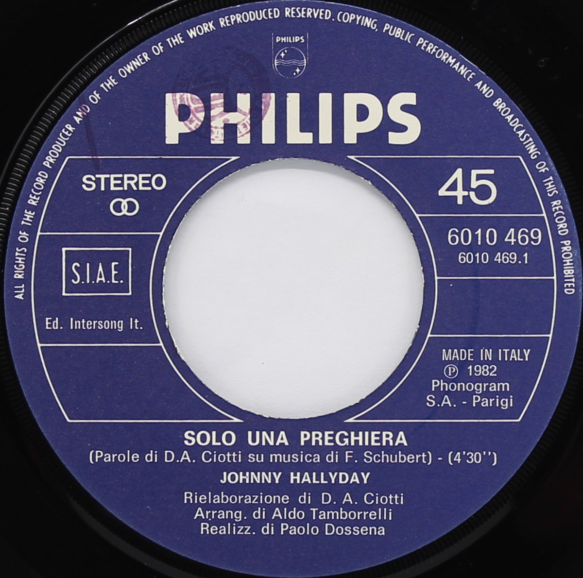 Johnny Hallyday – Solo Una Preghiera, Vinyl, 7&quot;, 45 RPM, Italy 1982