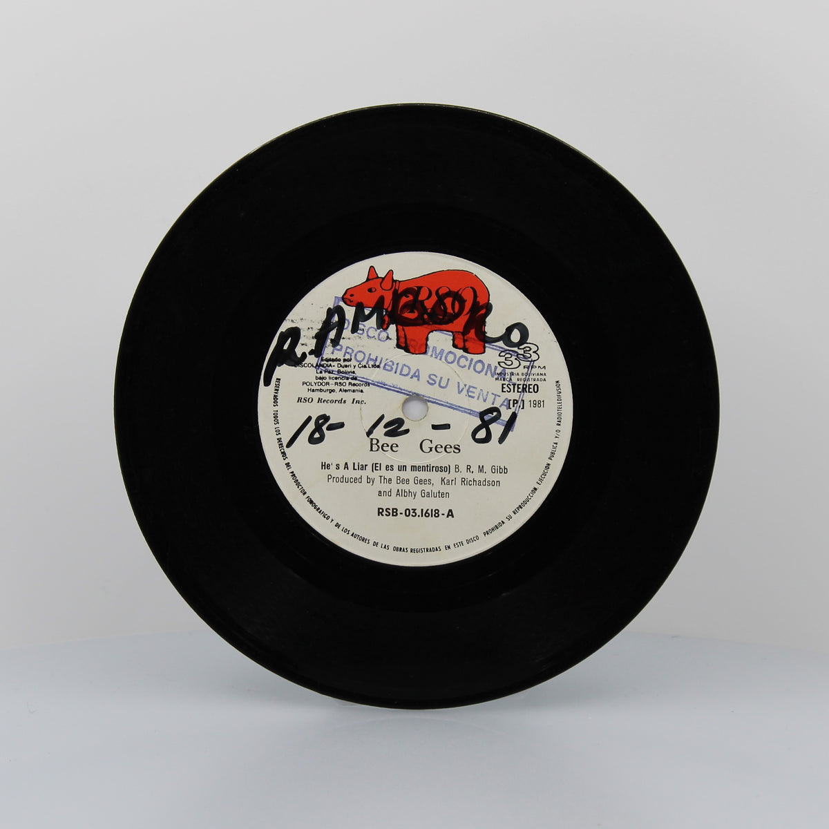 Bee Gees - He&#39;s A Liar, Vinyl 7&quot; Single 33Rpm (with promo stamp on label), Bolivia