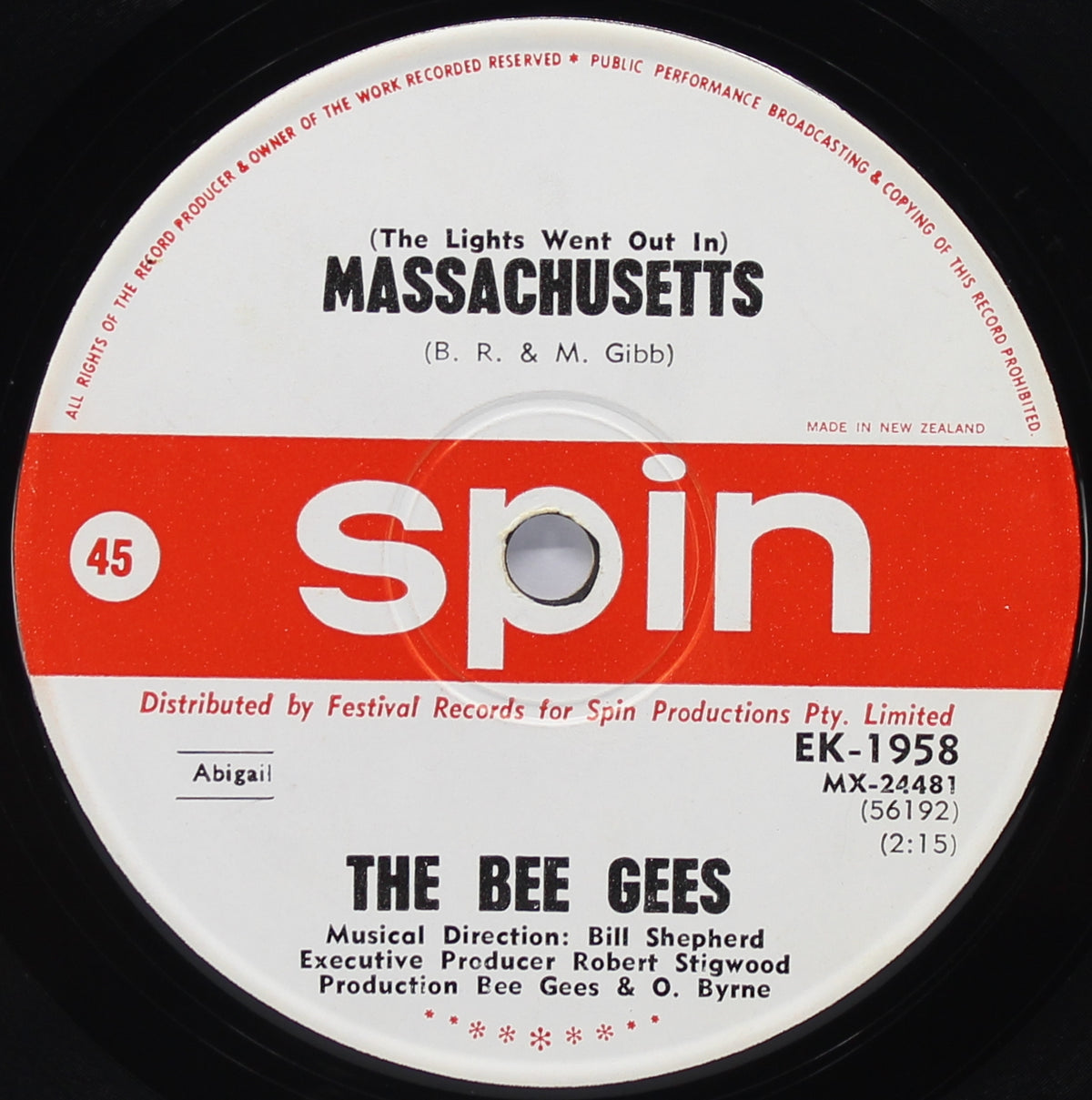Bee Gees, (The Lights Went Out In) Massachusetts, Vinyl 7&quot; (45rpm), New Zealand 1967 (s 1183)