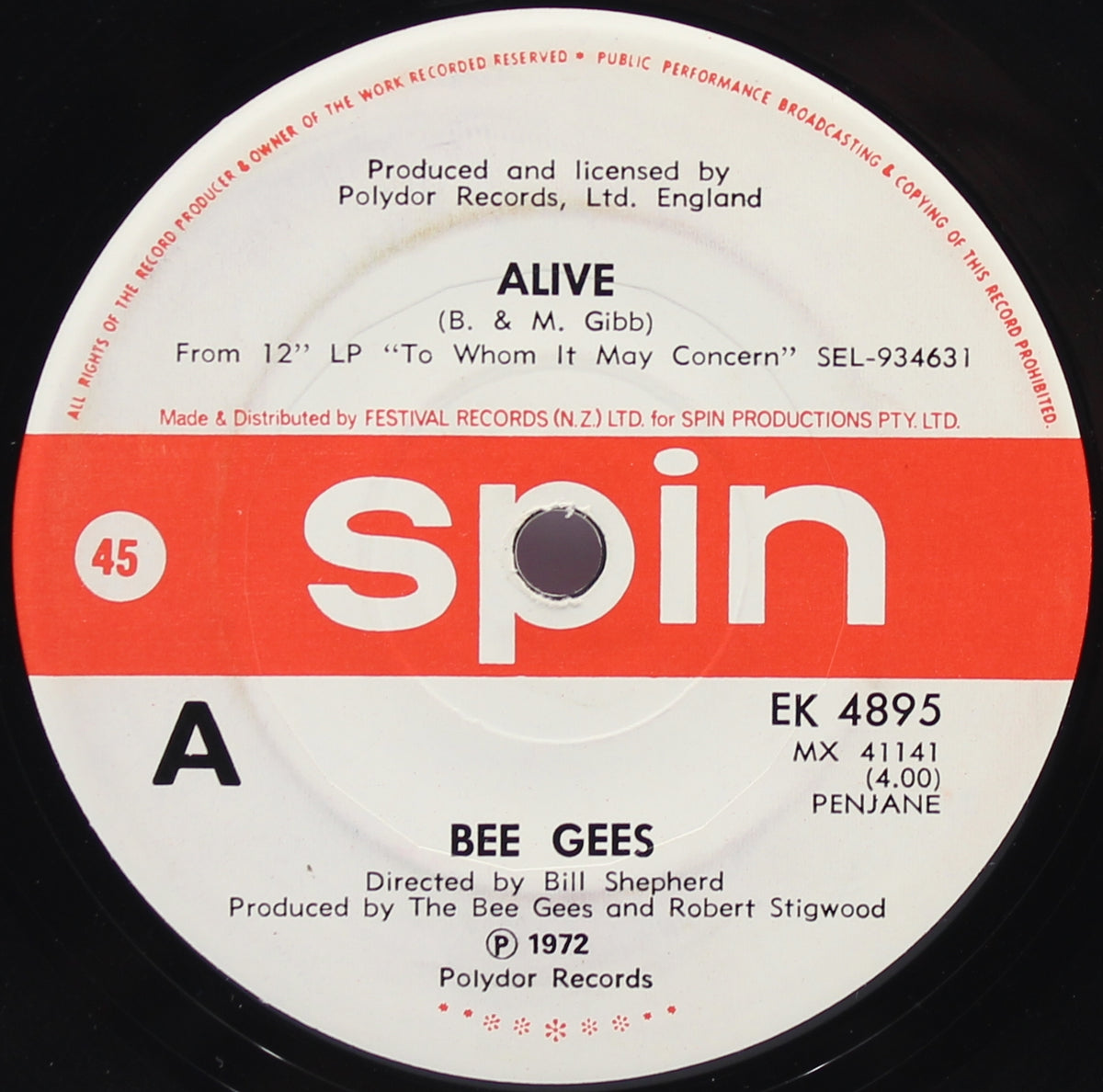 Bee Gees, Alive, Vinyl 7&quot; (45rpm), New Zealand 1972 (s 1186)