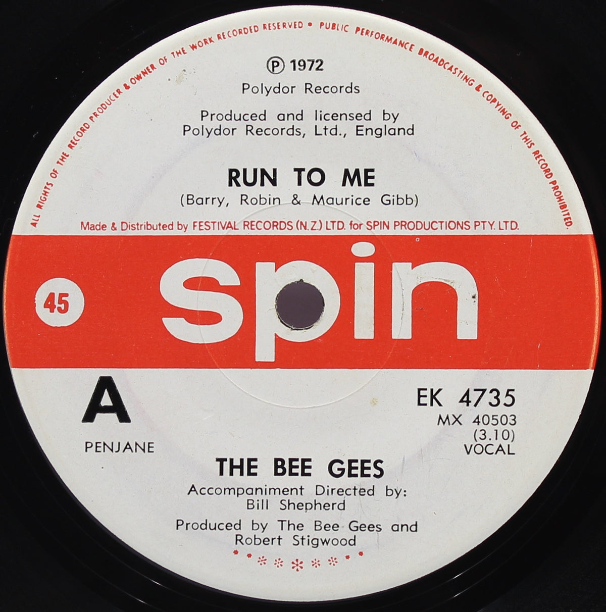 Bee Gees, Run To Me, Vinyl 7&quot; (45rpm), New Zealand 1972