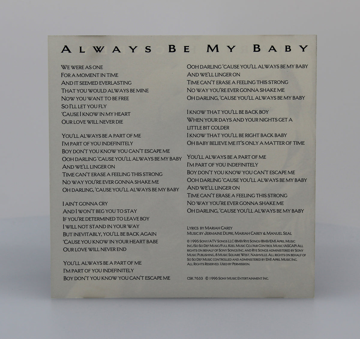 Mariah Carey ‎– Always Be My Baby, CD Single PROMO, US 1996